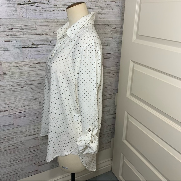 jane & Delancey White Flowy Blouse Button Down Brown Dots Relax Hi Low Tunic M - Picture 8 of 12